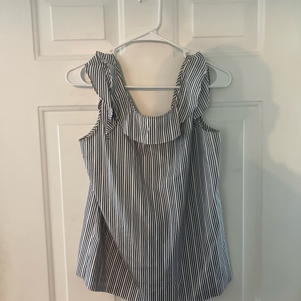 a.n.a Navy and White Striped Ruffle Blouse